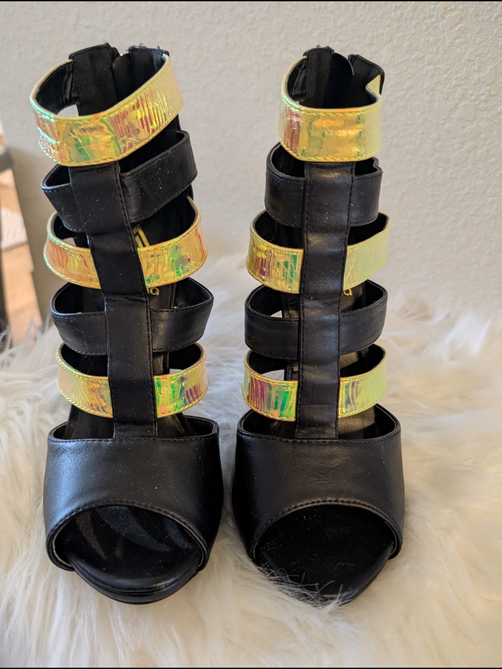 Black Gladiator Open-Toe Heels with Holographic Gold Straps
